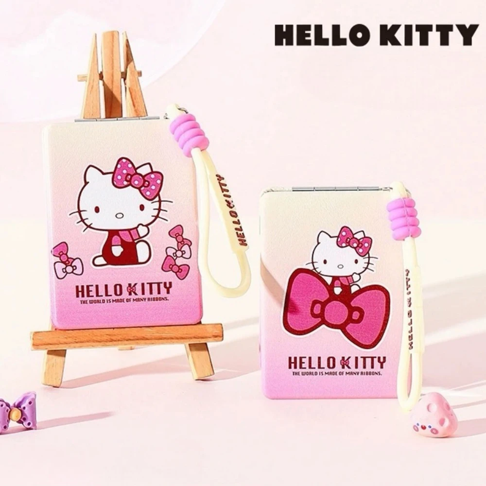 Original Hello Kitty Spiegel mit Trageband Sanrio PU-Leder Faltbarer Doppelseitiger Taschenspiegel Tragbarer Mini-Kosmetikspiegel Geschenke