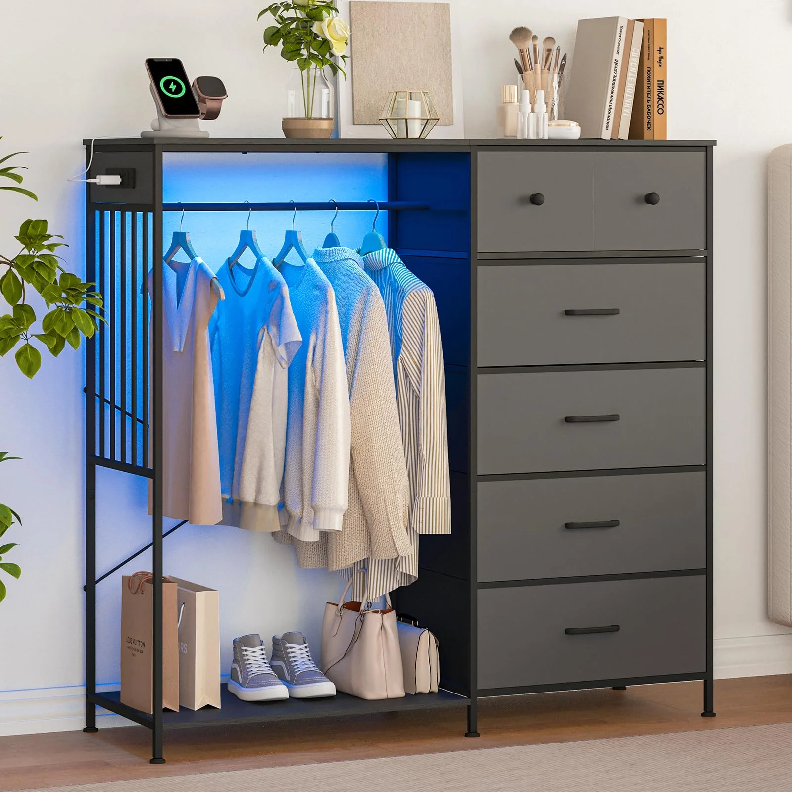 GarveeHome - Kleiderschrank für Schlafzimmer mit 6 Schubladen, LED-Beleuchtung und Ladestation, robuster Eisenrahmen und Holzoberfläche, Kleiderschrank, 125 x 40 x 120 cm, Farbe