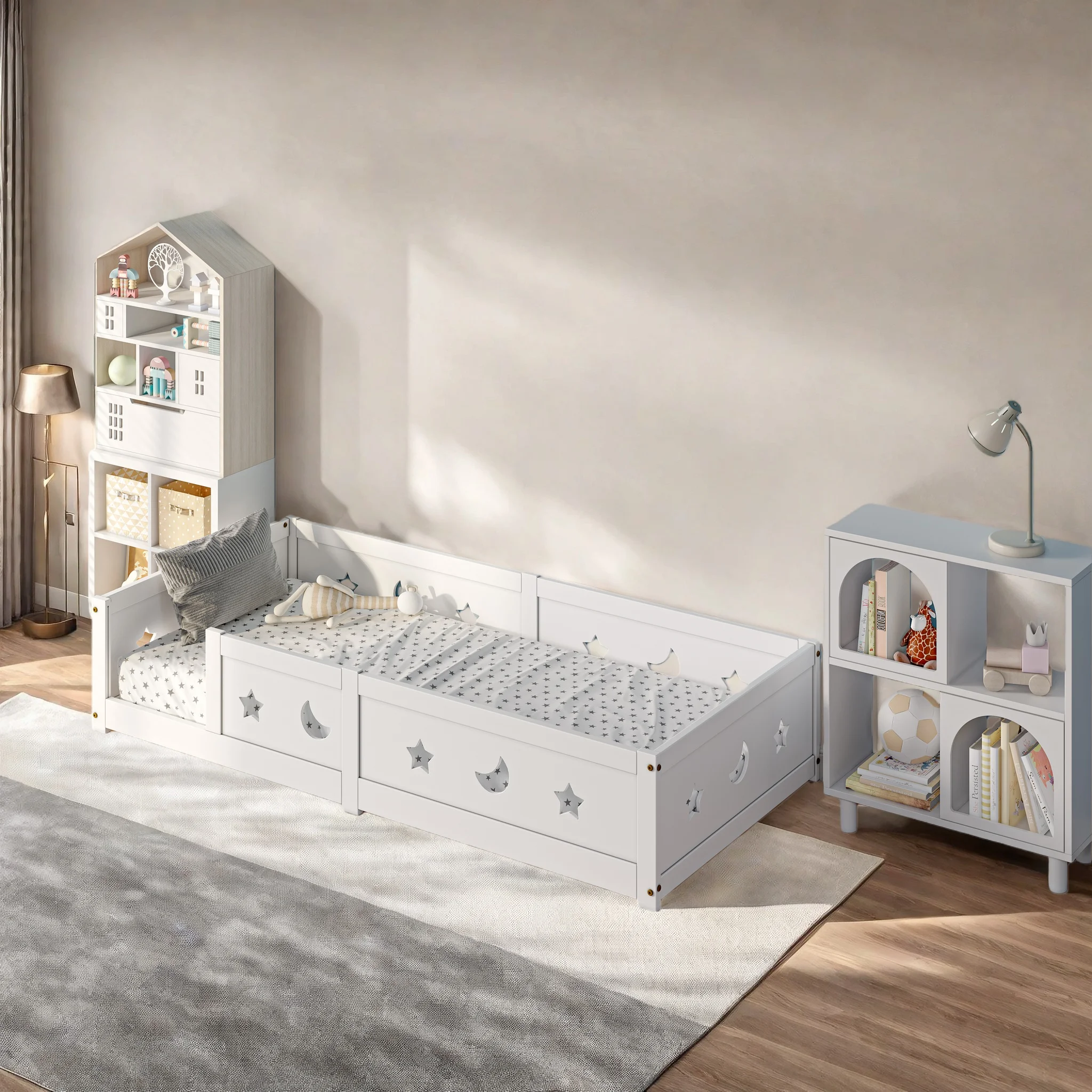 Rosahqnda Kinderbodenbett, 90x200 cm Kinderbett mit kostenlosem Türrahmen, Absturzsicherung und Lattenrost, Montessori-Holzbett