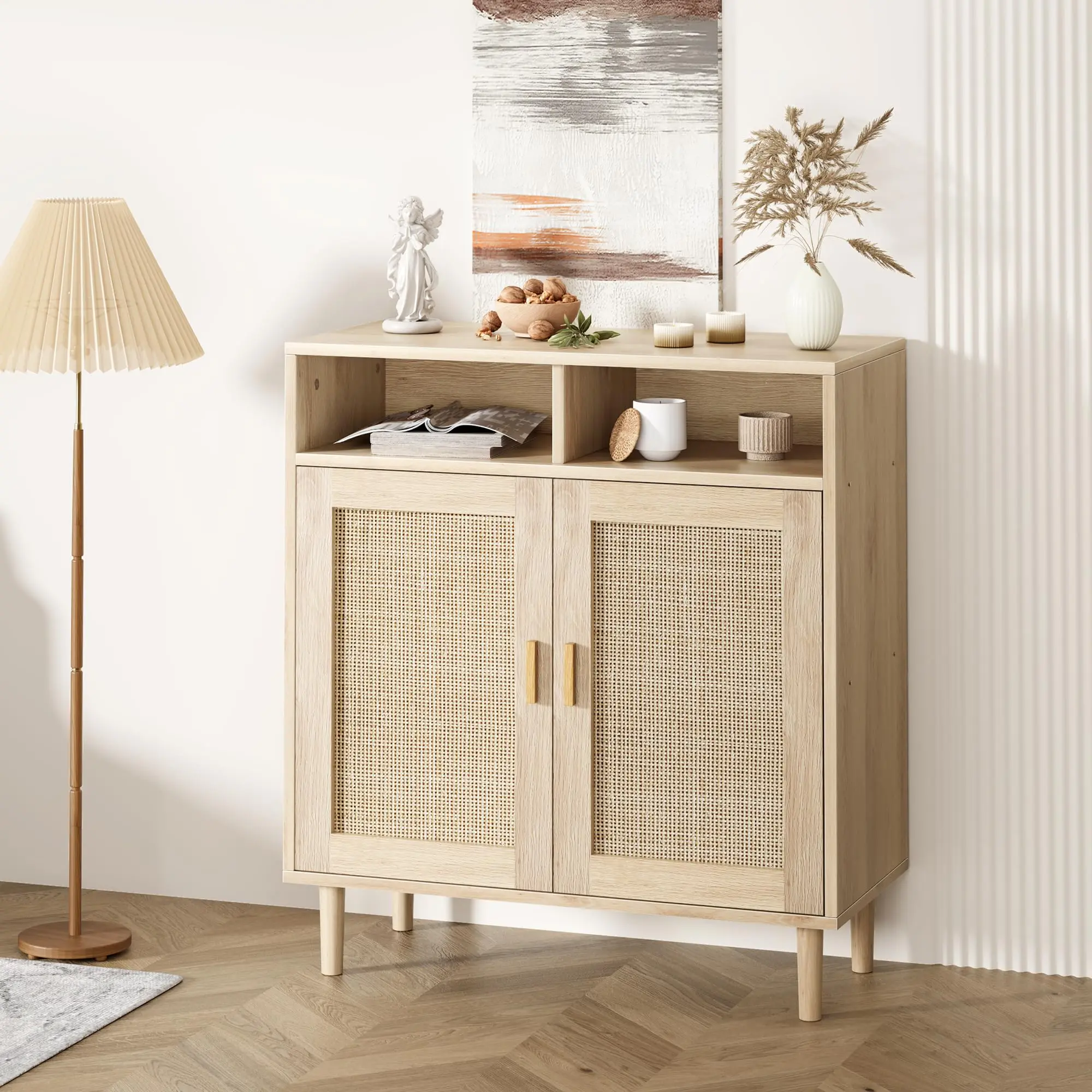 Moderne Anrichte aus Rattan, geräumiger Schrank mit 2 Türen und Ablage für Flur, Wohnzimmer oder Bar