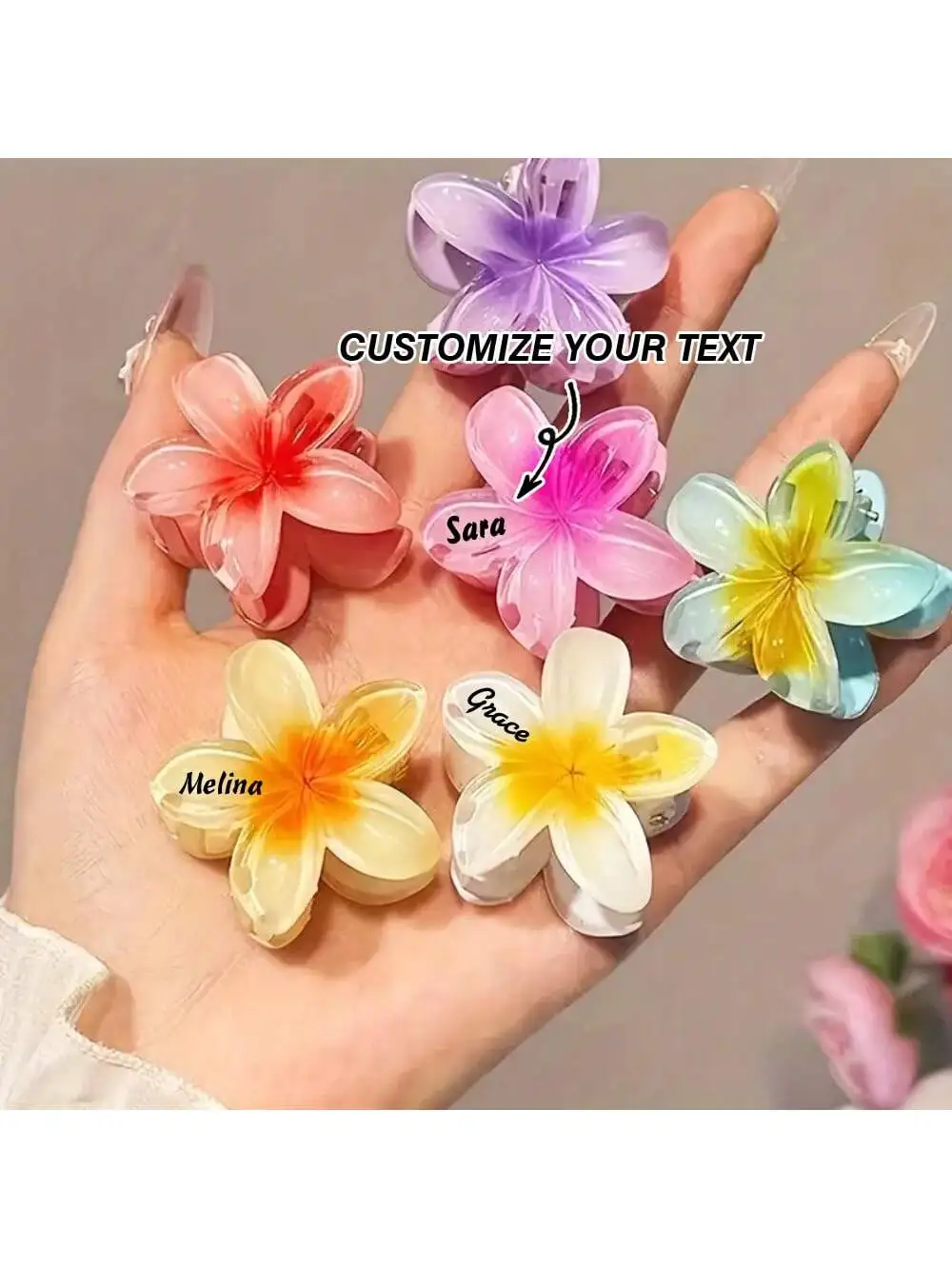 Maßgefertigte Schillernde Mattierte Plumeria & Bauhinia Haarklammer, Sanftes Haaraccessoire, Sommerurlaub-Kopfschmuck Image