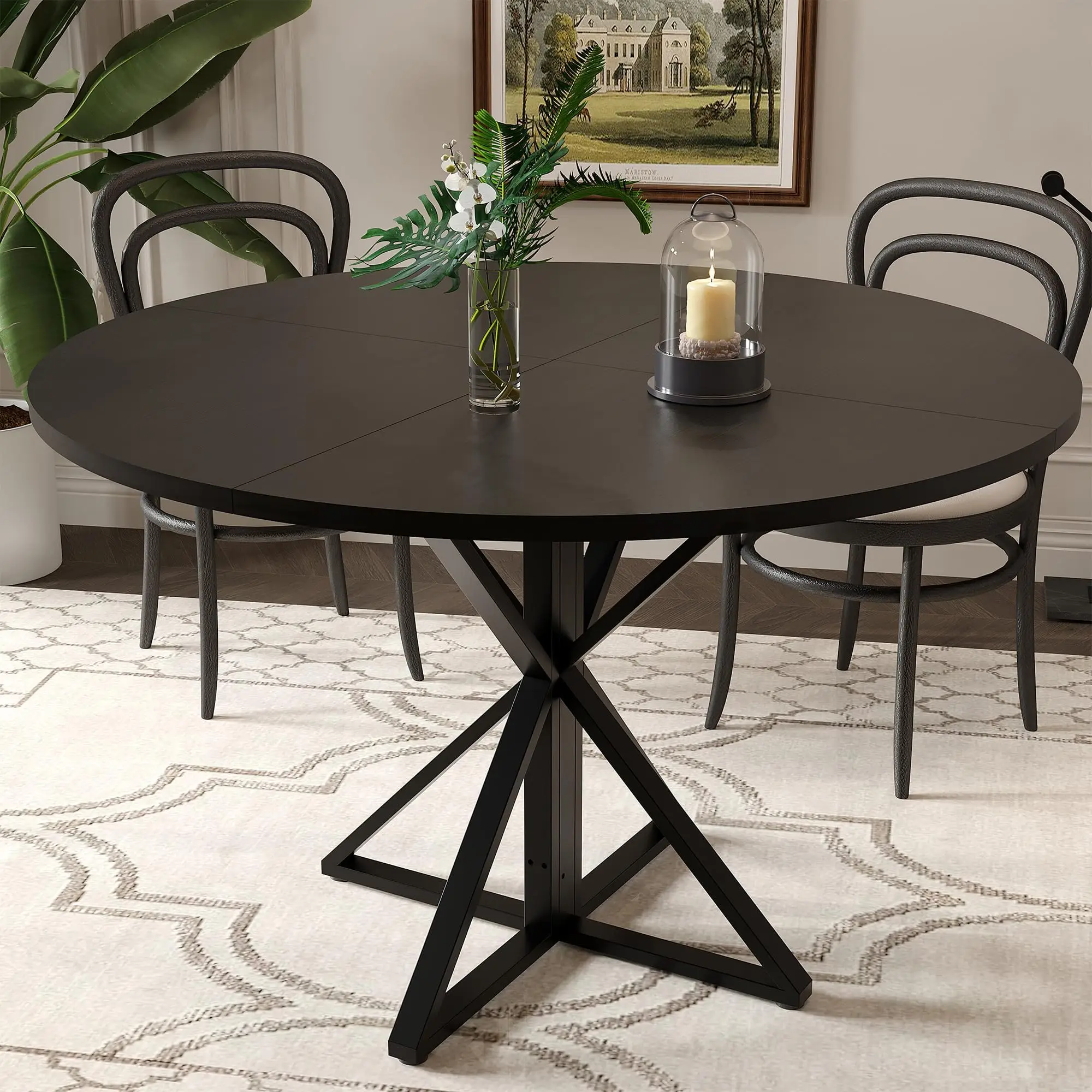 Runder Esstisch (120 cm) für 4 Personen, Landhausstil, Holz, mit Säulenfuß.