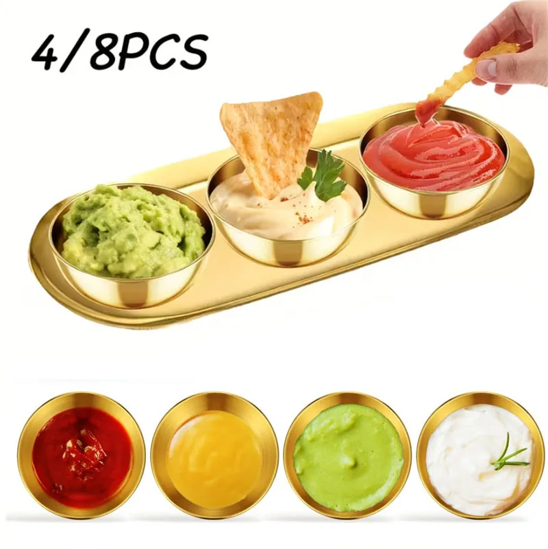 4/8-teiliges goldenes Saucenschalen- und ovales Serviertablett-Set aus Edelstahl, Dessertteller, Gewürzschale, Sushi-Dipschale, Serviertablett Image