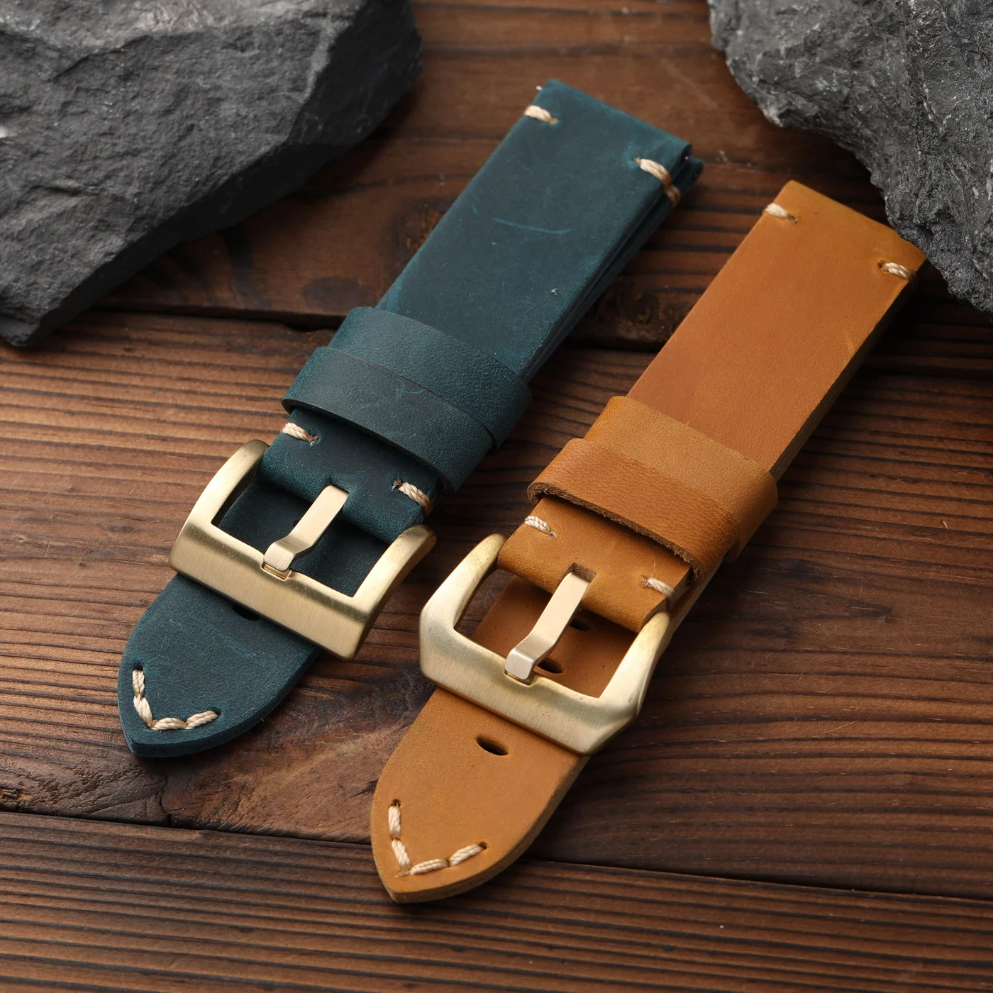 Handgefertigtes, verdicktes Echtlederarmband, 24 mm dick, blau-gelb, Retro-Oberschicht aus Rindsleder, Verschluss aus reinem Kupfer Image