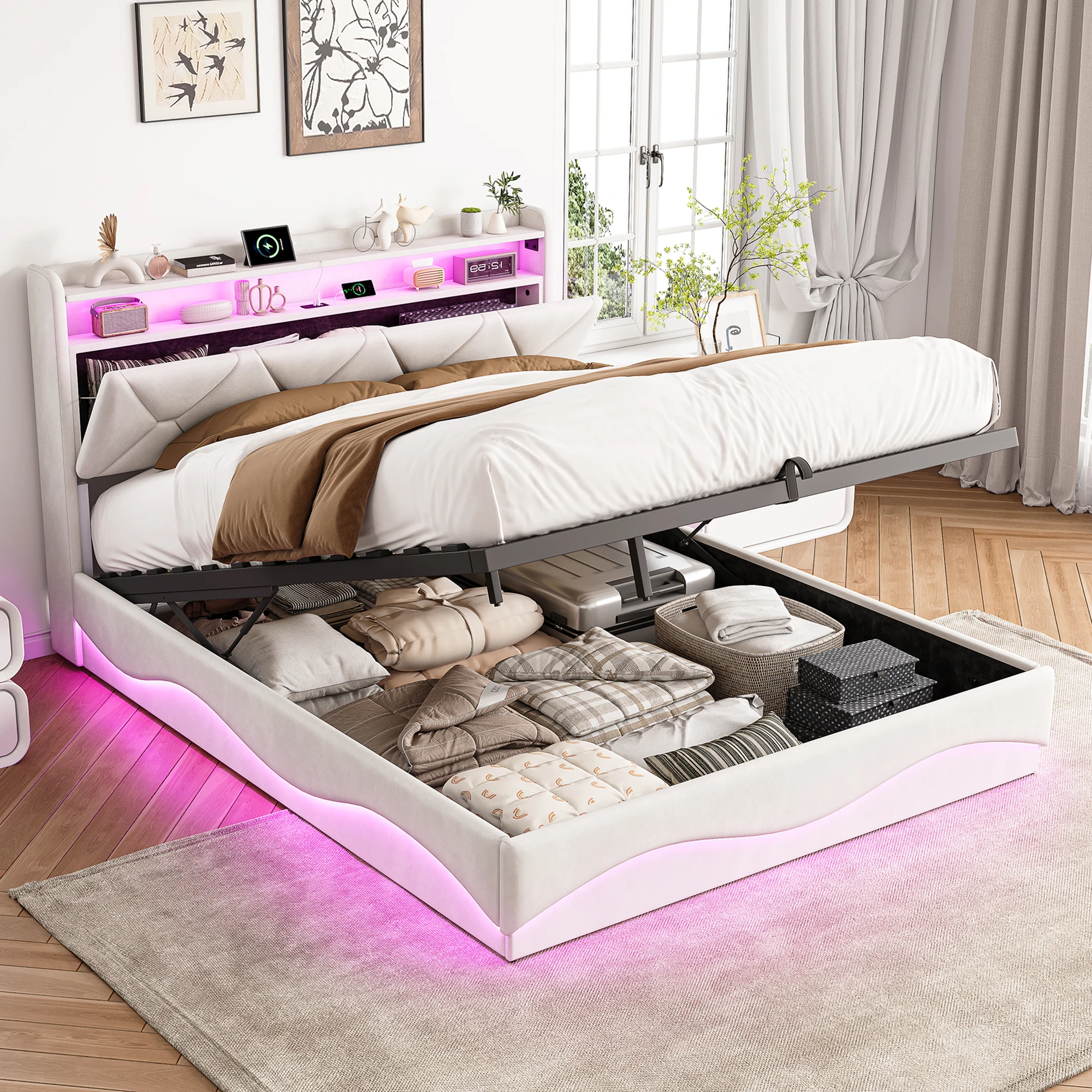 Superaly 160x200cm Hydraulisches Stauraumbett mit LED-Beleuchtung & USB-Ladestation, Beige Gepolstertes Plattformbett mit Stauraum-Kopfteil, Unterbett-Stauraumbettgestell mit LED-Fußteil für Image