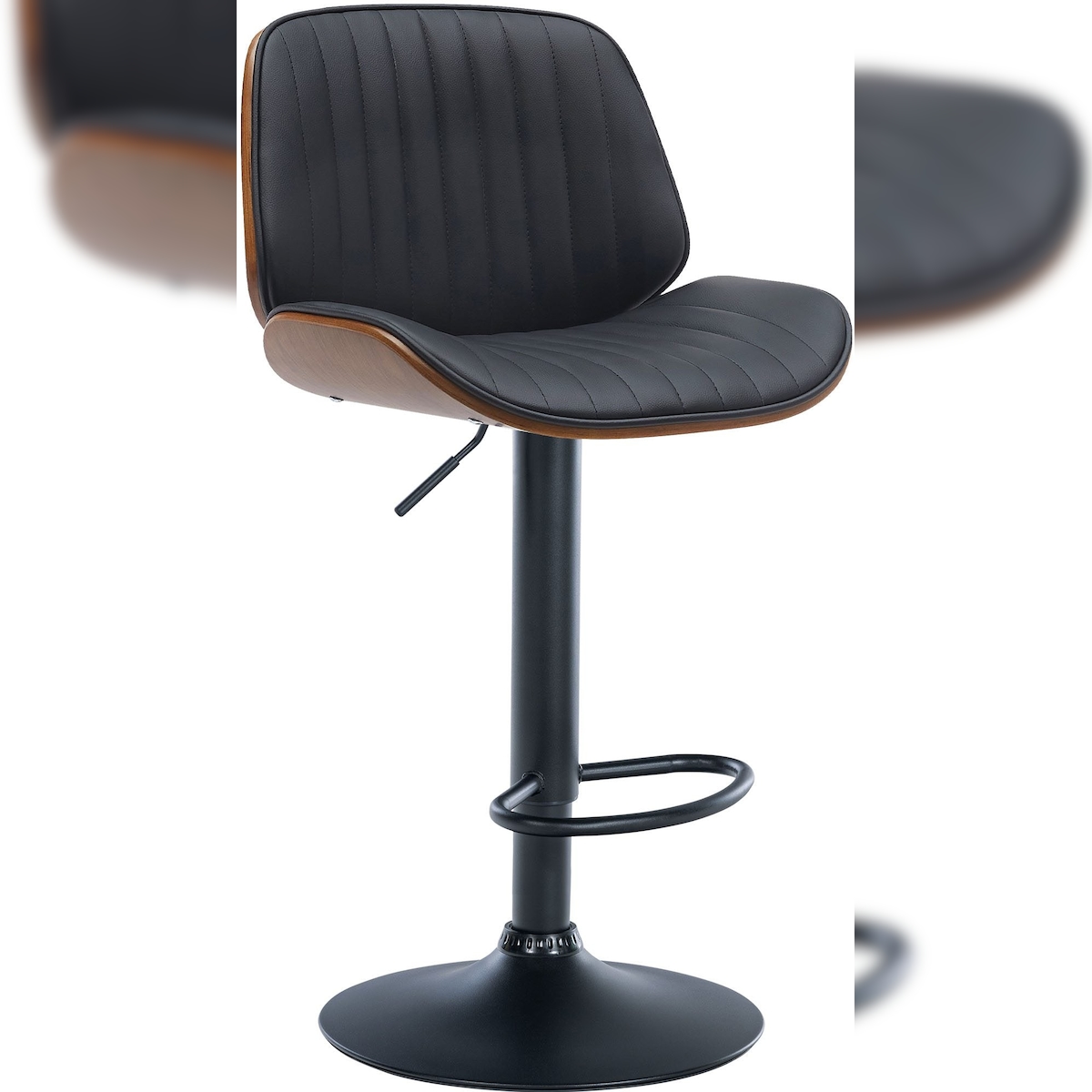 Décoshop26 - Moderner Barhocker mit vertikalen Ziernähten aus Walnussholz schwarzem PVC und schwarzem Metall 10_0005296 Image