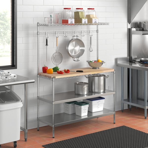 Regency 18" x 48" x 64" Chrome Baker's Rack Solid Stainless Steel Shelf with Hardwood Cutting Board