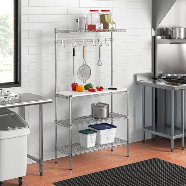 Regency 14" x 36" x 64" Chrome Baker's Rack Wire Shelf with Plastic Cutting Board