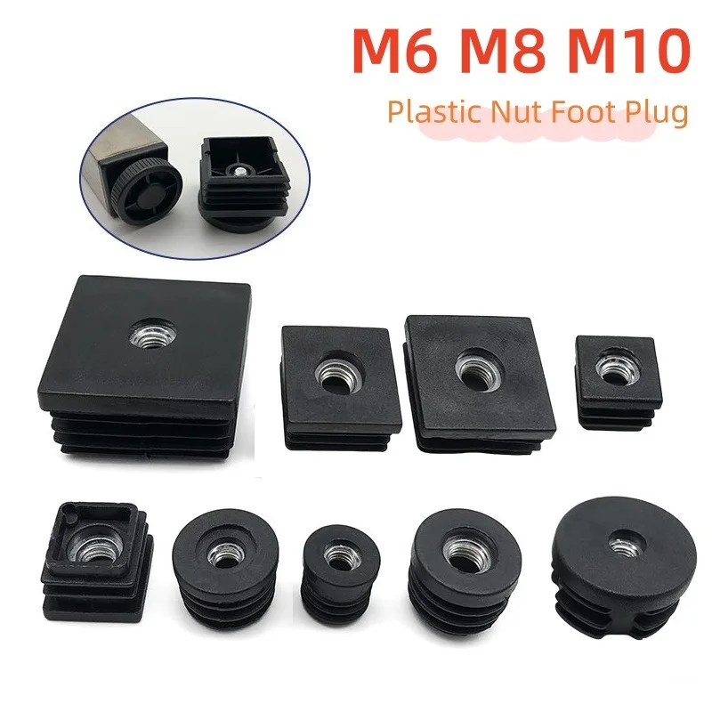 10 Stück Schwarze Quadratische/Runde Kunststoff-Fußkappen M6 M8 M10 mit Mutterloch-Einsätzen, Rohrabdeckungen, Möbelbein-Stopfen Image