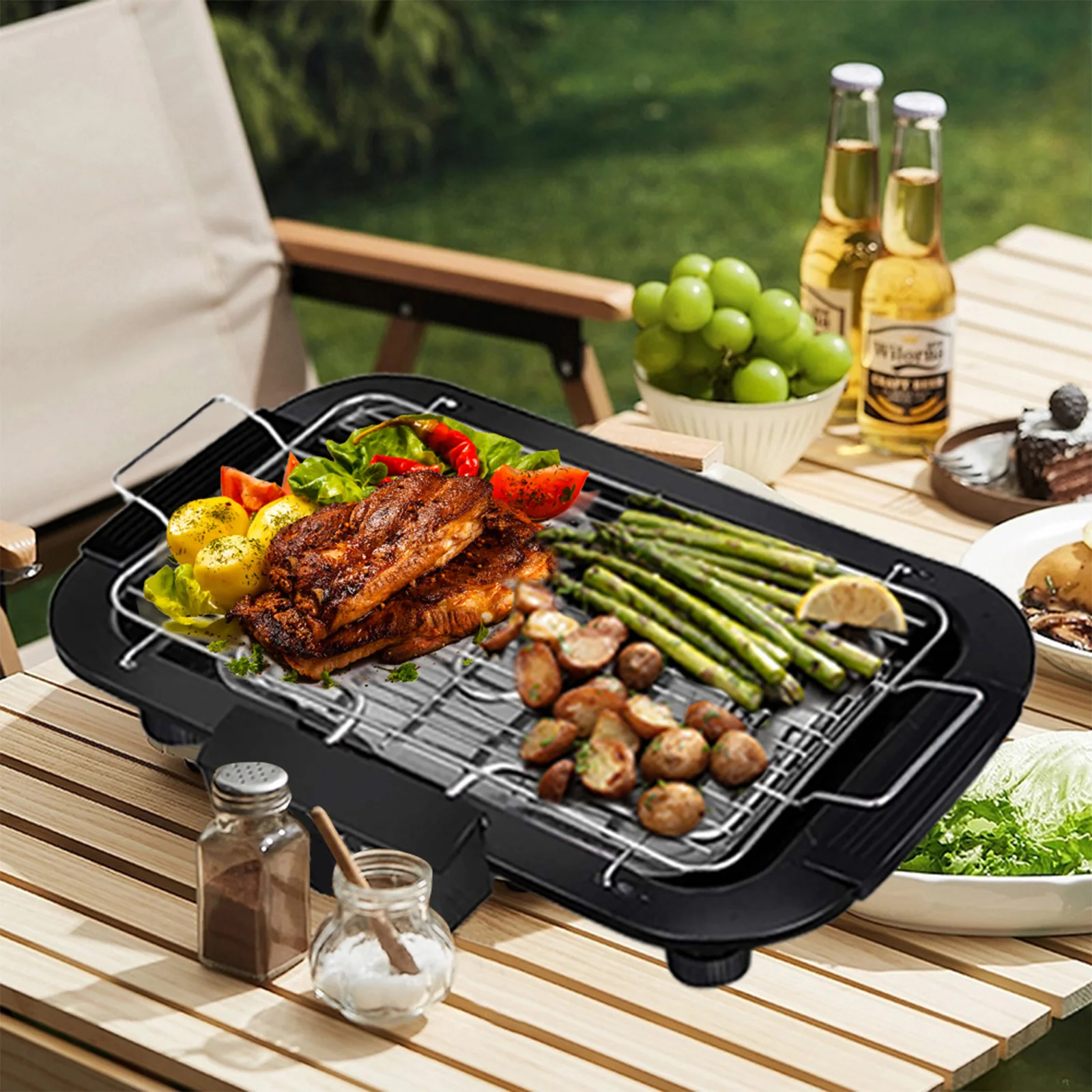 Tischgrill für drinnen und draußen, elektrische Grillpfanne, schnell aufheizende Antihaftpfanne, rauchfrei, EU-Stecker, für Grillpartys, Campingausflüge Image