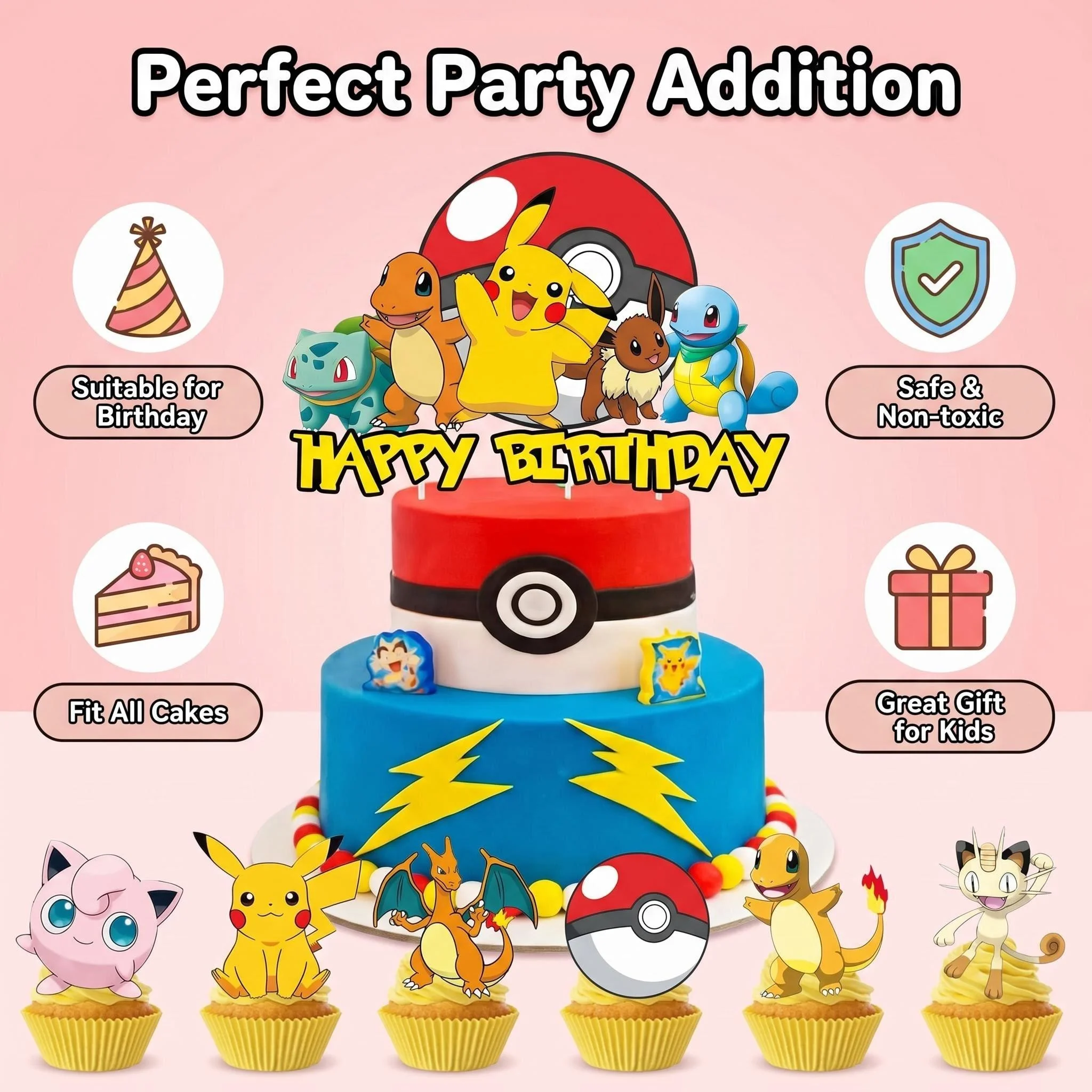 Pokemon Tortendekoration Geburtstag Pokemon Deko Tortenaufsatz Pikachu Cupcake Topper Baby Shower Backzubehör DIY Partyzubehör Image