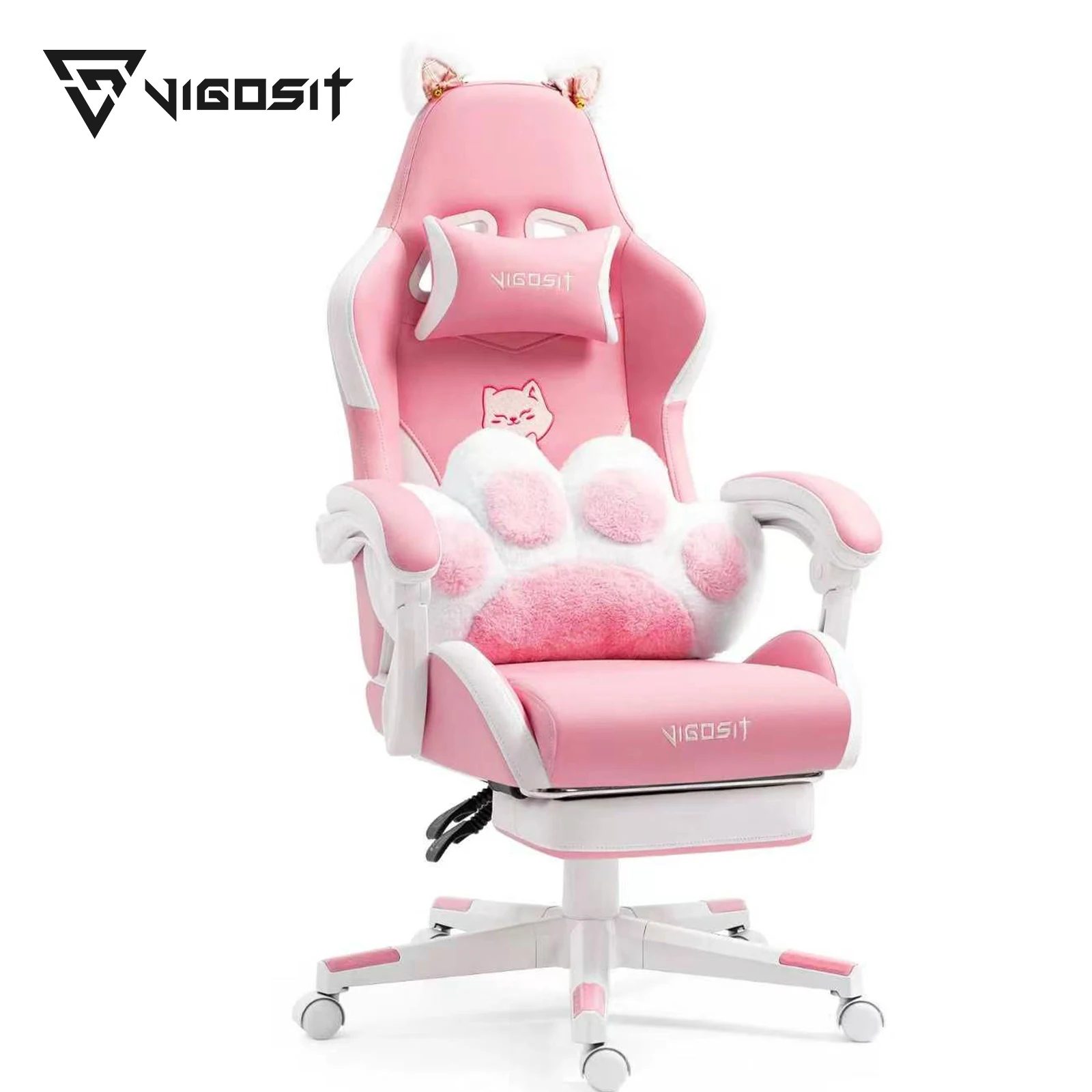 Vigosit Gaming Stuhl Niedlich mit Ohren und Kawaii Kissen, Ergonomische Computer-Spiel-Stuhl für Mädchen mit Lendenwirbelstütz