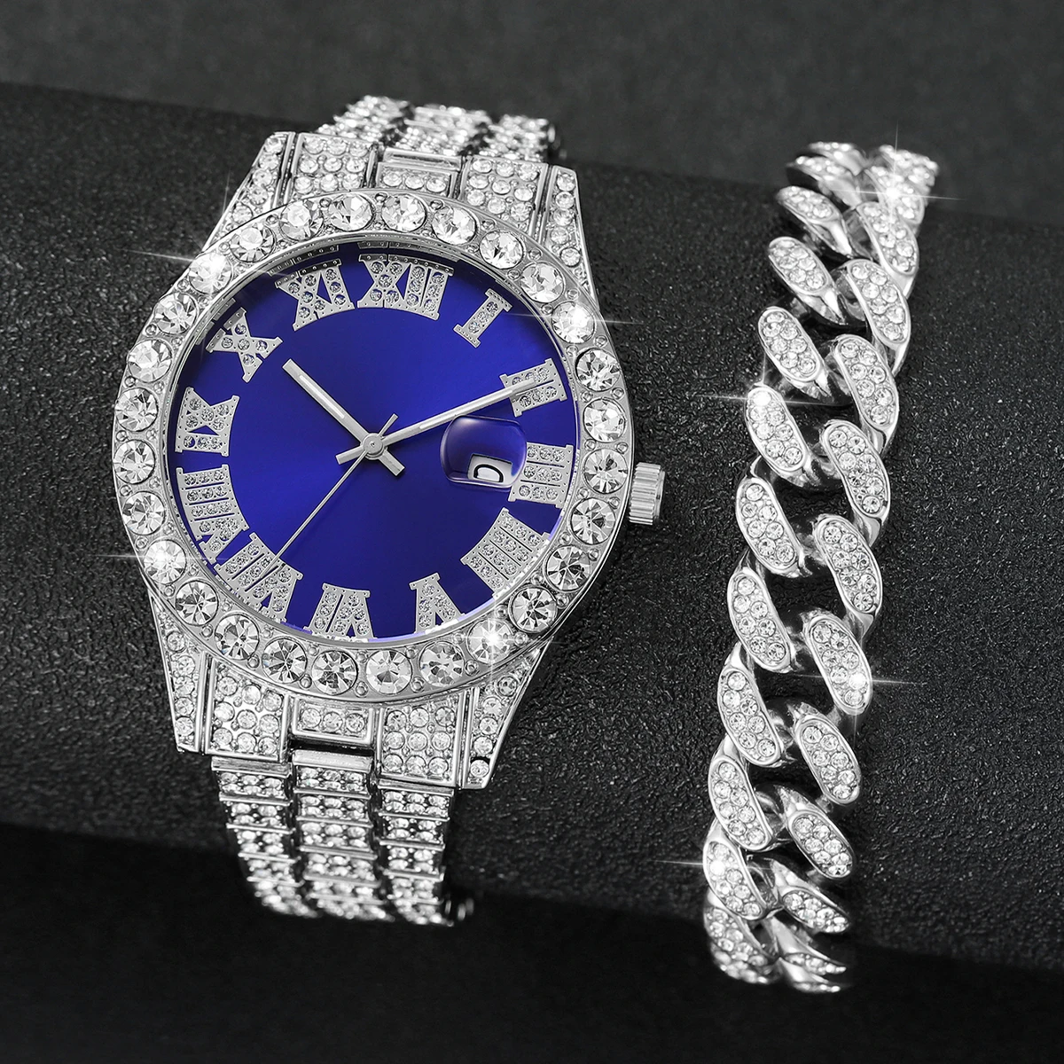 2 Teile/satz Hip Hop herren Uhr Mode Diamant Edelstahl Band Männliche Quarz Uhren Geschenk Freund