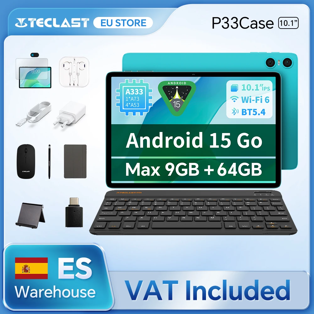 Teclast P33 Android 15 Tablet, 10,1 Zoll, Maximal 9 GB RAM, 64 GB ROM, 1280x800 IPS, A333, 5 Kerne, 6000 mAh, Typ-C Image