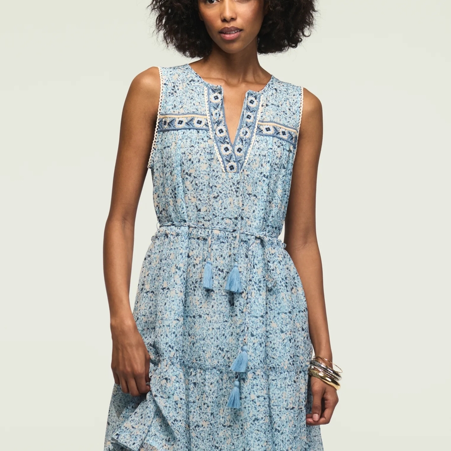Lucky Brand Printed Embroidered Yoke Mini Dress - Women's Clothing Dresses Mini Dress in Blue Floral, Size 2XL