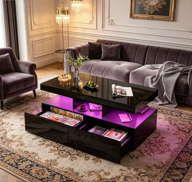 Table basse Rosahqnda en noir brillant, table de salon avec éclairage LED, table basse avec 2 tiroirs, compartiments ouverts, table de canapé moderne, table d