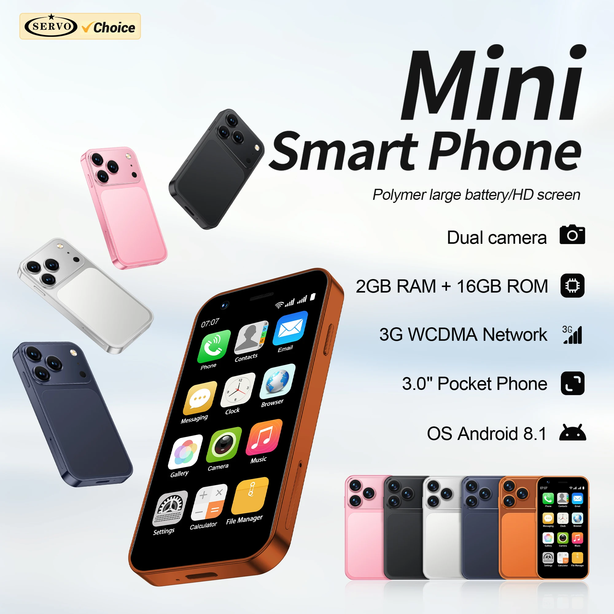 2026 SERVO 18SE MINI Small Smartphone 3G WCDMA Android OS Play Store 2GB+16GB WiFi Hotspot 2 SIM Standby 3.0