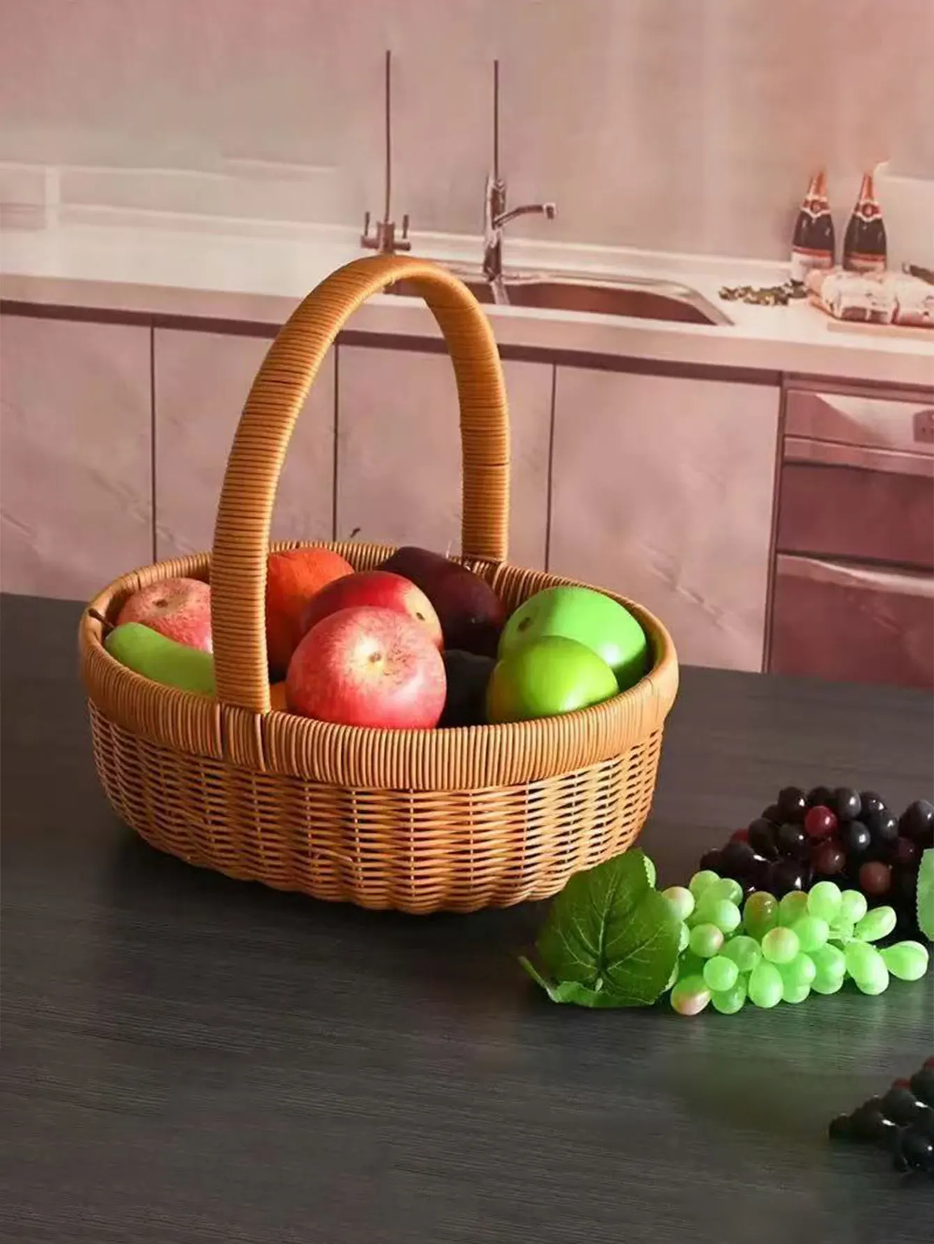 Hand-Woven Tote Basket, Shopping Basket, Flower Basket, Fruit Basket, Imitation Rattan Household Watermelon Shopping Basket 1Pcs