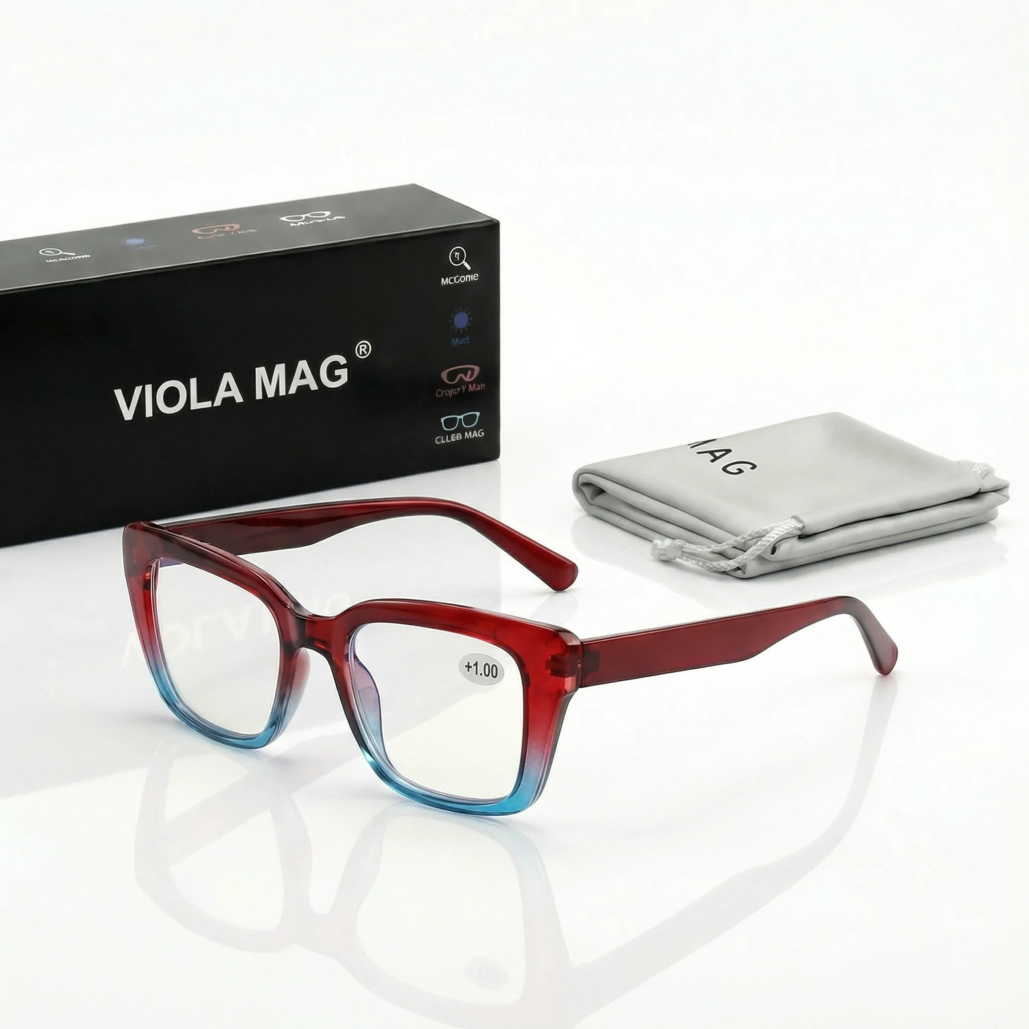 VIOLA MAG modische, kontrastreiche quadratische Lesebrille, Unisex, Anti-Blaulicht, für Pendler, Büro, Alltag, mit Brillentasche Image