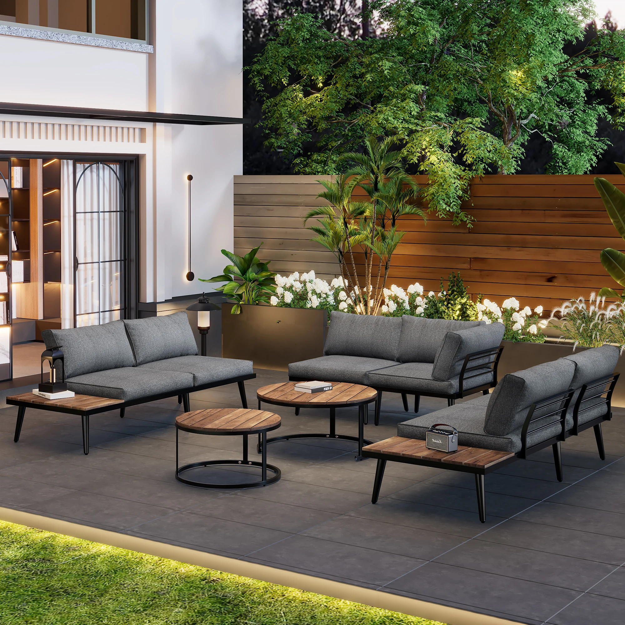 6-Sitzer Garten-Lounge-Set, Modulare Terrassenmöbel mit Verzinktem Eisenrahmen, Akazienholztischen & Kissen für Hinterhof und Terrasse