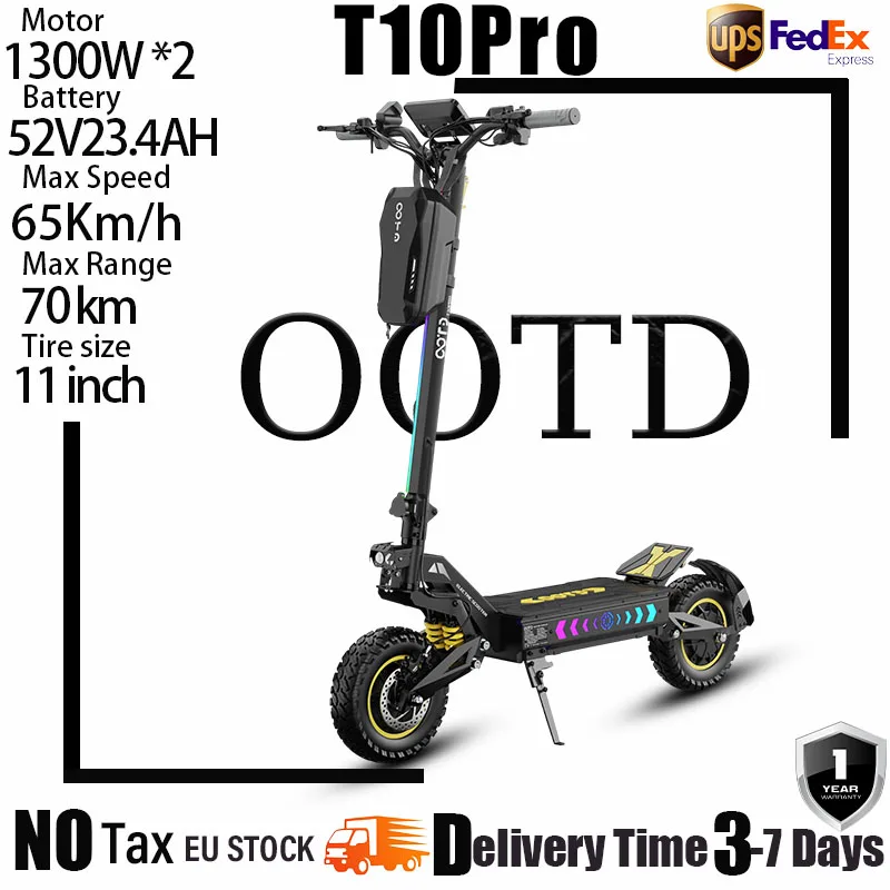 OOTD T10Pro Erwachsenen-E-Scooter 2600W Spitzenleistung 52V 23,4AH Lithium-Akku Höchstgeschwindigkeit 65km/h Hydraulische Bremse Geländetaugliches Elektro-Skateboard 11-Zoll-Reifen All-Terrain Image