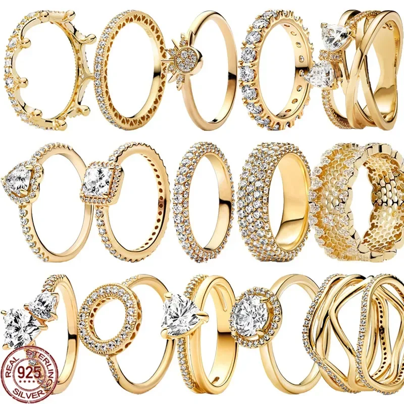 Heiß begehrter Ring aus 925er Sterlingsilber, exquisite Goldserie, funkelnder herzförmiger Kronenring, modischer Charm-Schmuck als Geschenk. Image