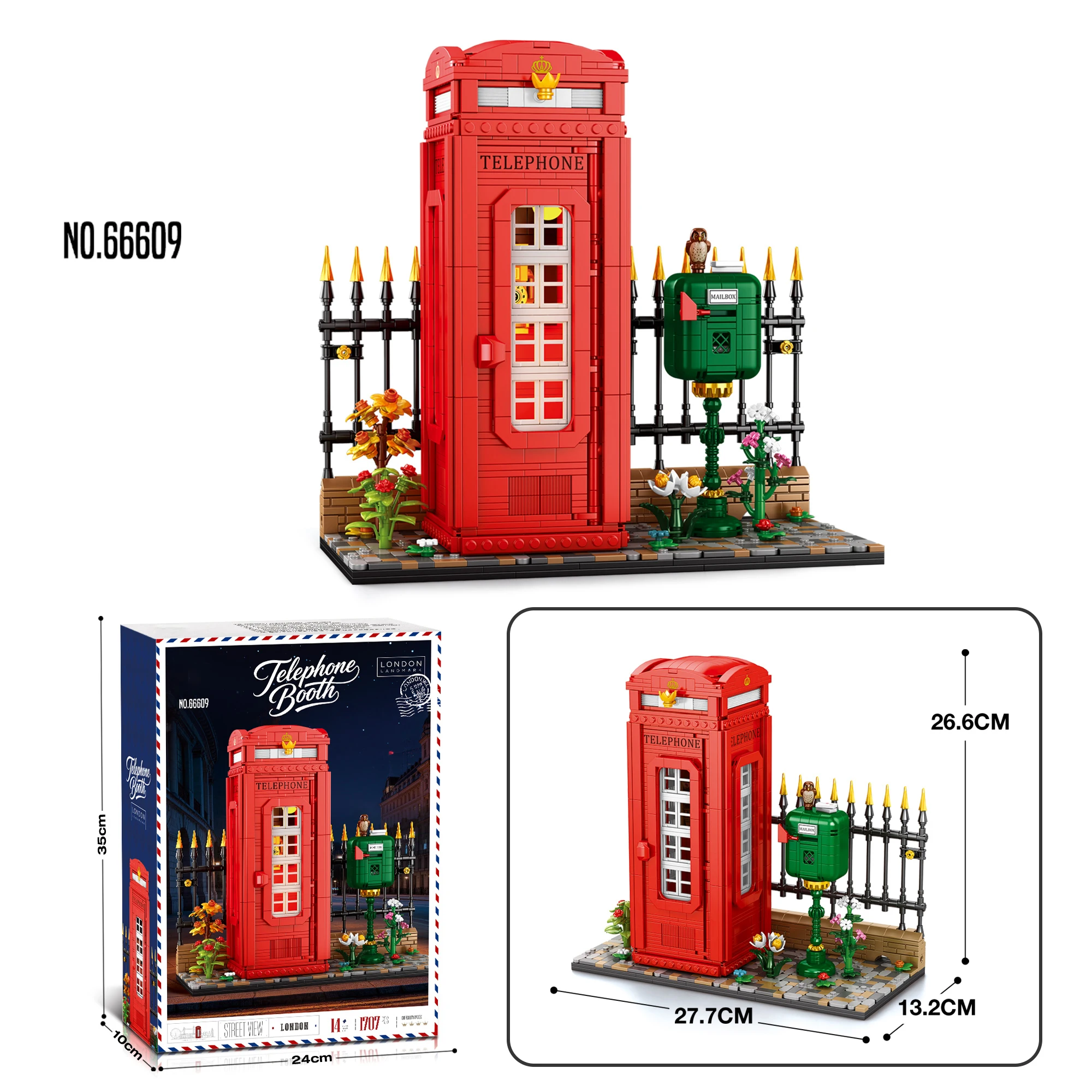 1707PCS British Telephone Booth Building Blocks Set with Lights, Model Assembly, Desktop Ornament, DIY Toy, Birthday Gift