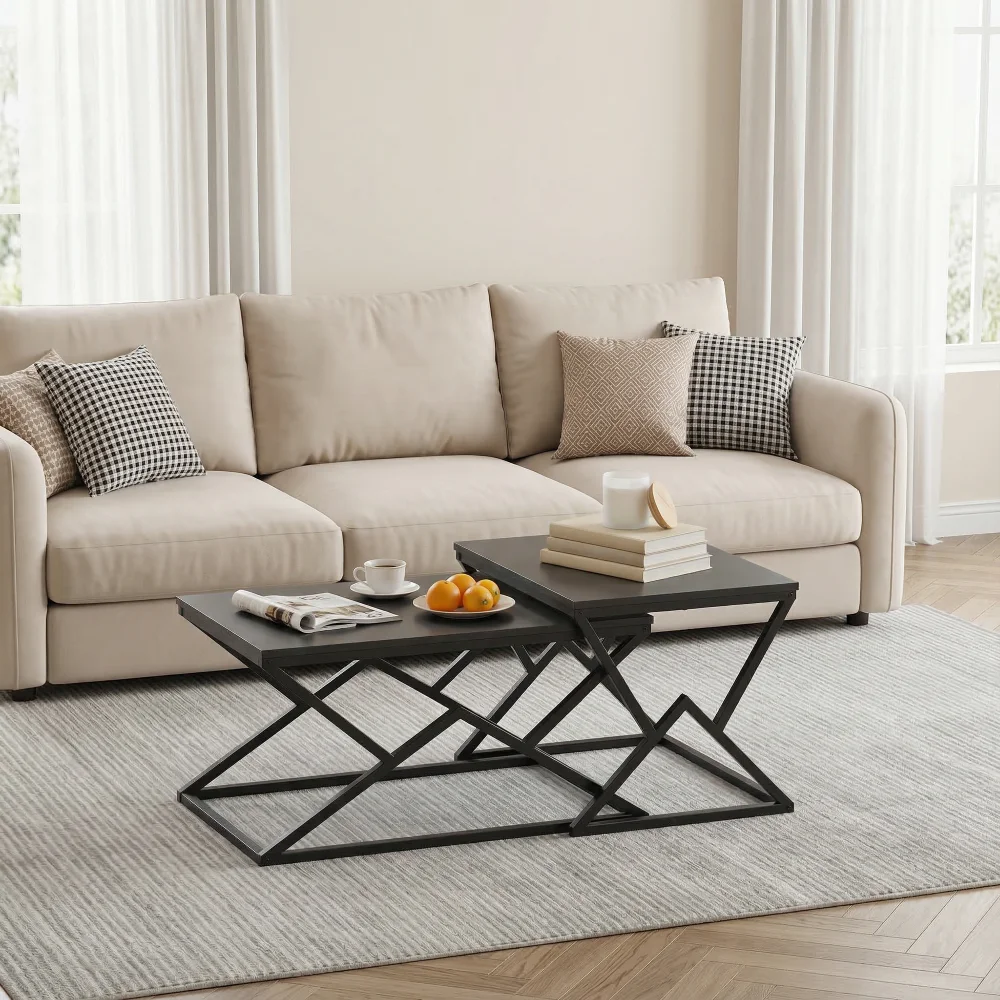 Schwarzer moderner geometrischer Couchtisch – Holzplatte mit stabilem Metallrahmen, Cocktailtisch und Beistelltisch, Wohnzimmermöbel