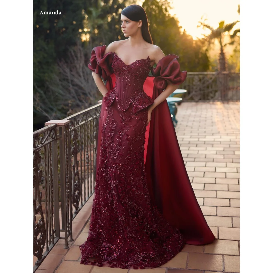 Amanda Customized Prom Dress vestidos de noche Formal Evening Burgundy Lace Beaded Mermaid Gown With Cape Off Shoulder Formal