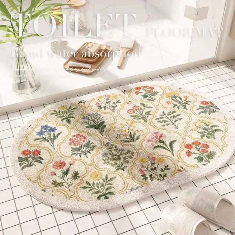 VIKAMA Vintage Floral Oval Bathroom Floor Mat Non-Slip Absorbency Entrance Door Mat Kitchen Bedroom Carpet Home Decor