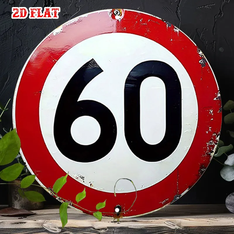 2D Flaches Metallschild, Vintage Geschwindigkeitsbegrenzung 60 Metallschild, Retro Verkehrsschild-Design, Rustikale Gealterte Blechplakette, Industrielle Wandkunst, G Image