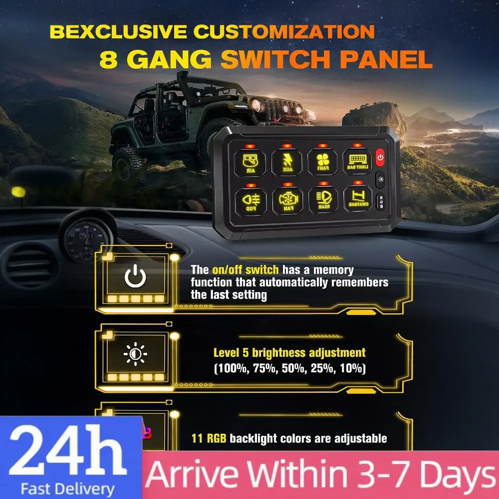 RGB 8 Gang Switch Panel 12V On-Off LED Car Switch Panel Circuit Control Relay System for Car Boat RV