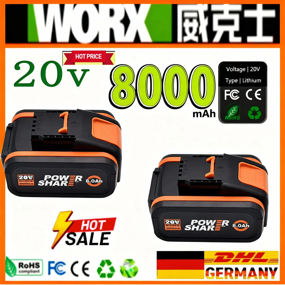 Passend für WORX Powershare Lithium-Ionen-Akku 20V 8Ah WA3644, Hochleistungs- und Langlebiger Akku Kompatibel mit Allen WORX-Werkzeugen Image
