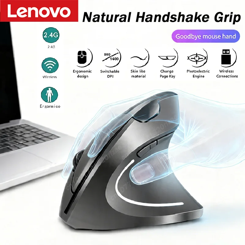  Lenovo Kabellose Bluetooth Vertikale Maus 2,4G Ergonomischer Seitengriff Geräuschlos Wiederaufladbar Gaming Laptop PC Computer Einstellbare DPI Image