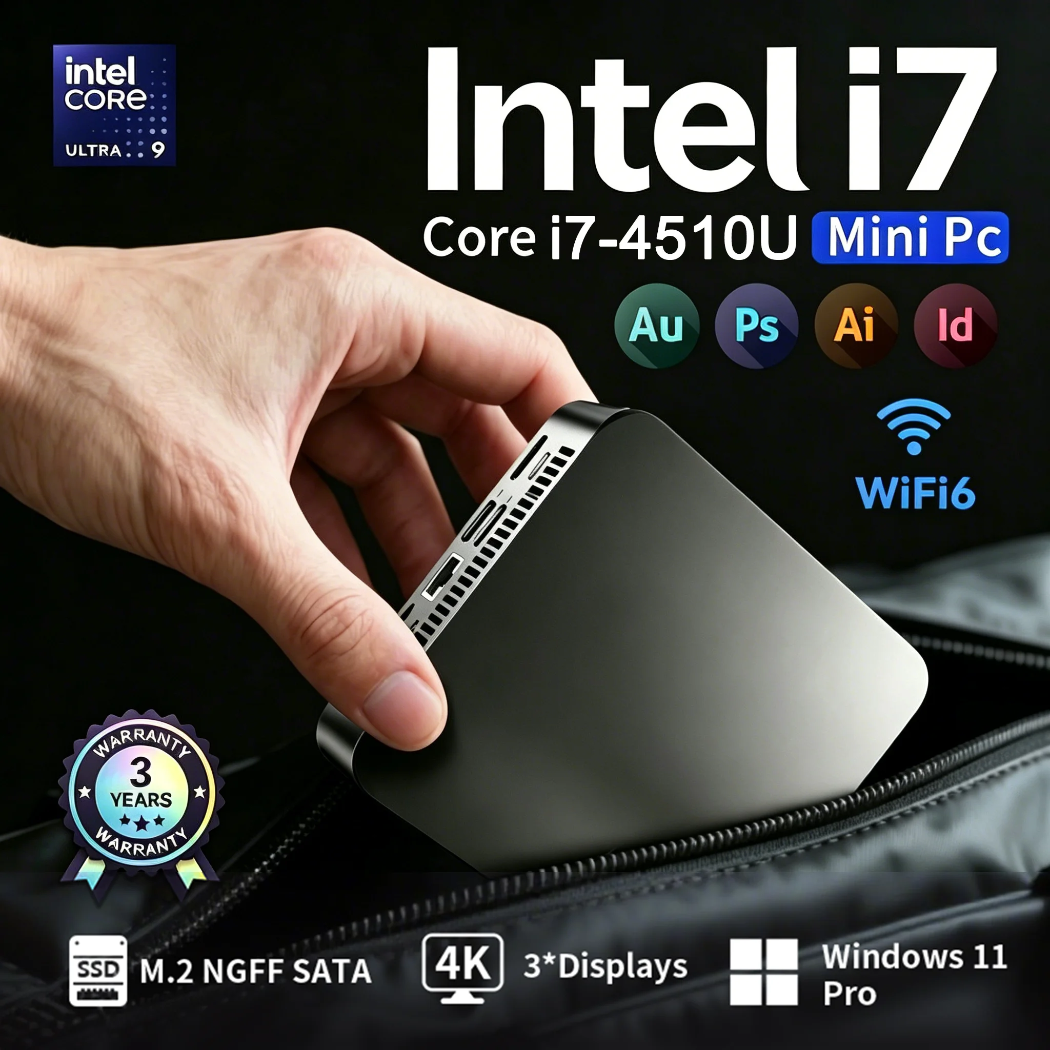 Mini PC FUCHU Windows 11 Pro Intel Core I7 4510U 16 Go de RAM 512 Go de SSD 4K HD Type C Mini PC Ordinateur de Bureau Wifi 6