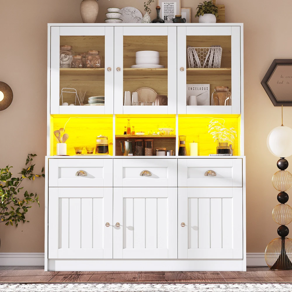 140cm LED Küchenbuffetschrank, Hoher Aufbewahrungsschrank mit Glastüren & Verstellbaren Regalen, Weißer Holz-Vitrinenschrank