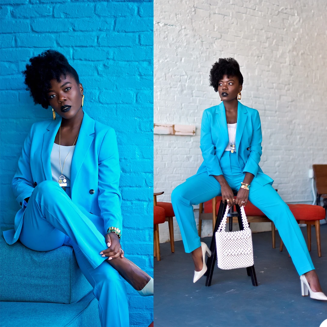 Elegante blu Personalizza abiti da donna Giacca doppiopetto con risvolto con risvolto Plus Size Blazer da donna casual africano Set da 2 pezzi