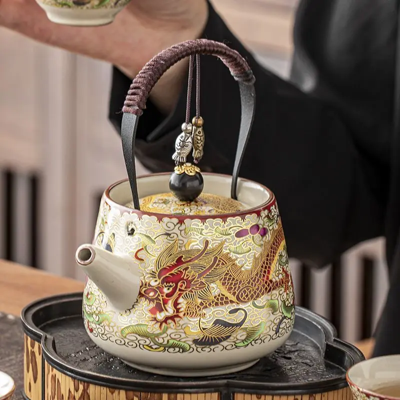 New Chinese Style Teapot Ru Kiln High Grade Pot Dragon Pattern Beam Handle Teapot Set Beautiful Ceramic Household Gongfu Tea Set
