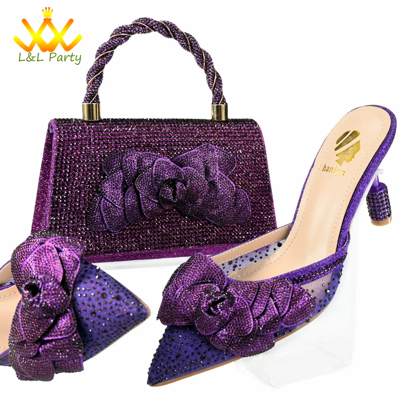 Lila Farbe, italienisches Design, Schuhe und Taschen-Set, spitze Zehen, superhohe Absätze, sexy Stil mit Applikationen für die Hochzeit