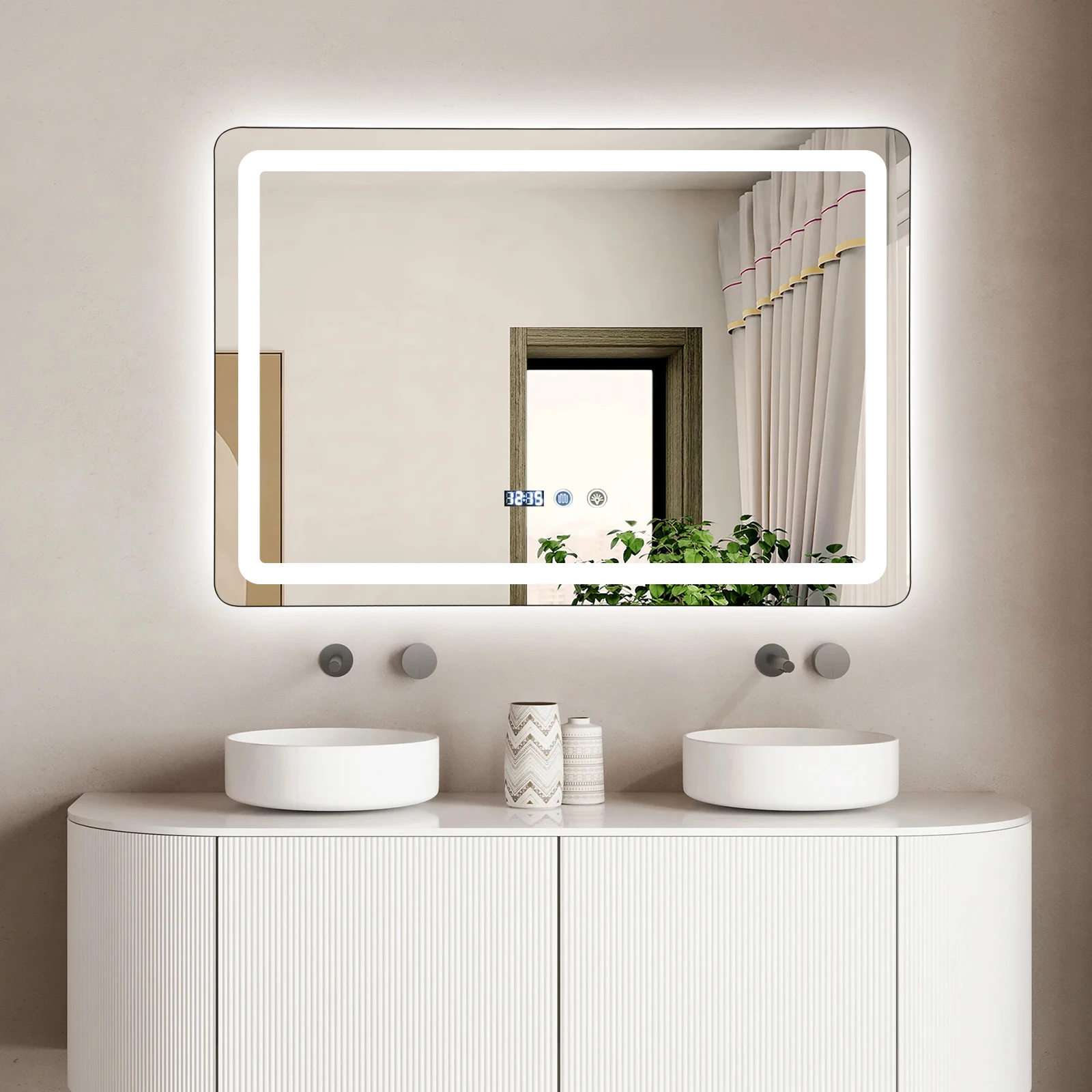 LED Badezimmerspiegel mit Beleuchtung 100x60cm Wandspiegel Dimmbar 3 Lichtfarben Uhrzeitanzeige Gehärtetes Glas Smart Touch Warmweiß