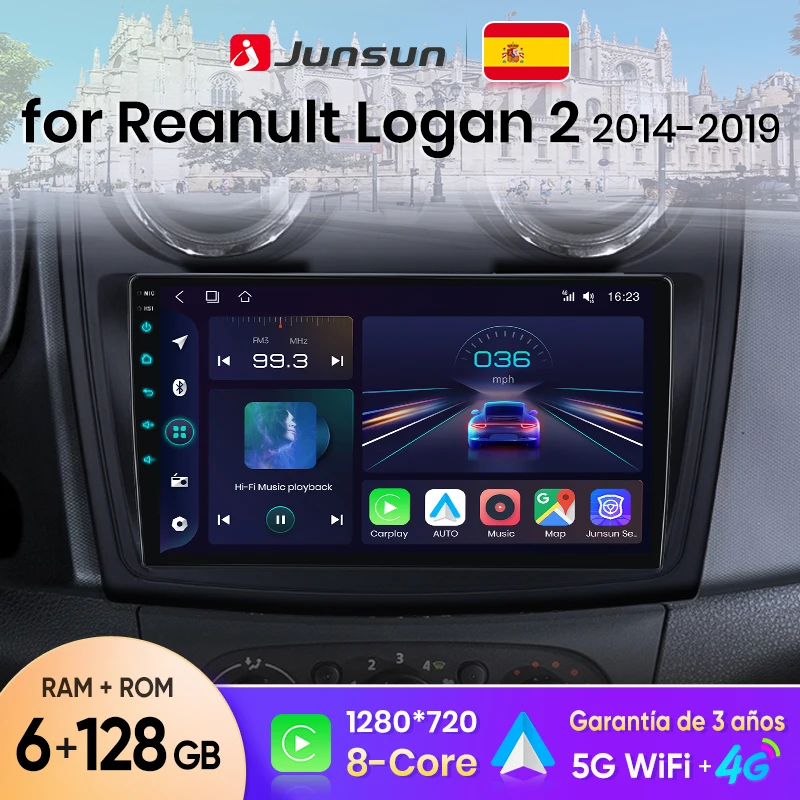 Junsun Wireless CarPlay Android Auto Autoradio für Renault Logan 2 Sandero 2014-2019 Auto-Intelligentes System BT FM Spanisch Lokal Image