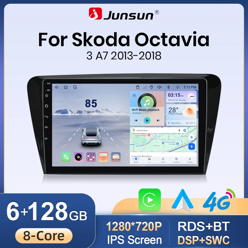 Junsun Kabelloses Apple CarPlay Android Auto für Skoda Octavia A7 2013-2018 Android 15 Autoradio GPS-Navigation IPS-Touchscreen Bluetooth WiFi DSP RDS Multimedia-Stereo Plug-and-Play-Haupteinheit Image