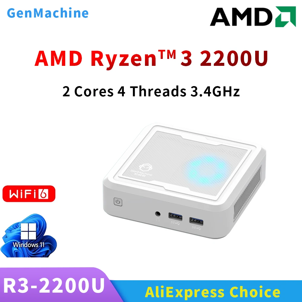 Genmachine AMD Ryzen 3 2200U Mini PC 2C4T CPU 8GB RAM+256GB ROM DDR4 NVME SSD Wifi5 BT 4.2 Gaming Computer RX Vega 10 Graphice