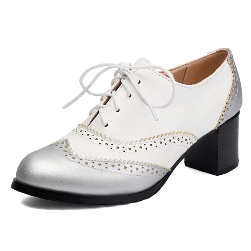 Schnür-Damen-Loafer-Schuhe mit niedrigem Absatz, große Größe 45, Patchwork, elegant, Schwarz, Weiß, Blockabsatz, Büro-Oxfords-Schuhe für Damen