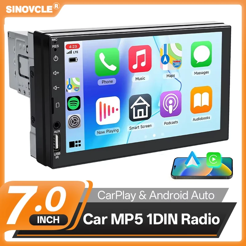 Sinovcle 1 Din Autoradio Auto-Multimedia-MP5-Player Carplay Android Auto 7 Zoll Touchscreen AUX/FM/USB/TF 12V Universal Image