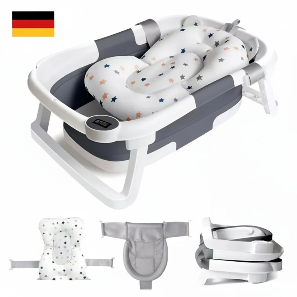Faltbare Babybadewanne mit Temperatursensor & Weichem Kissen, Ungiftige PP+TPR Säuglingsbadewanne, Neugeborenen-Duschbecken mit Badenetz Image