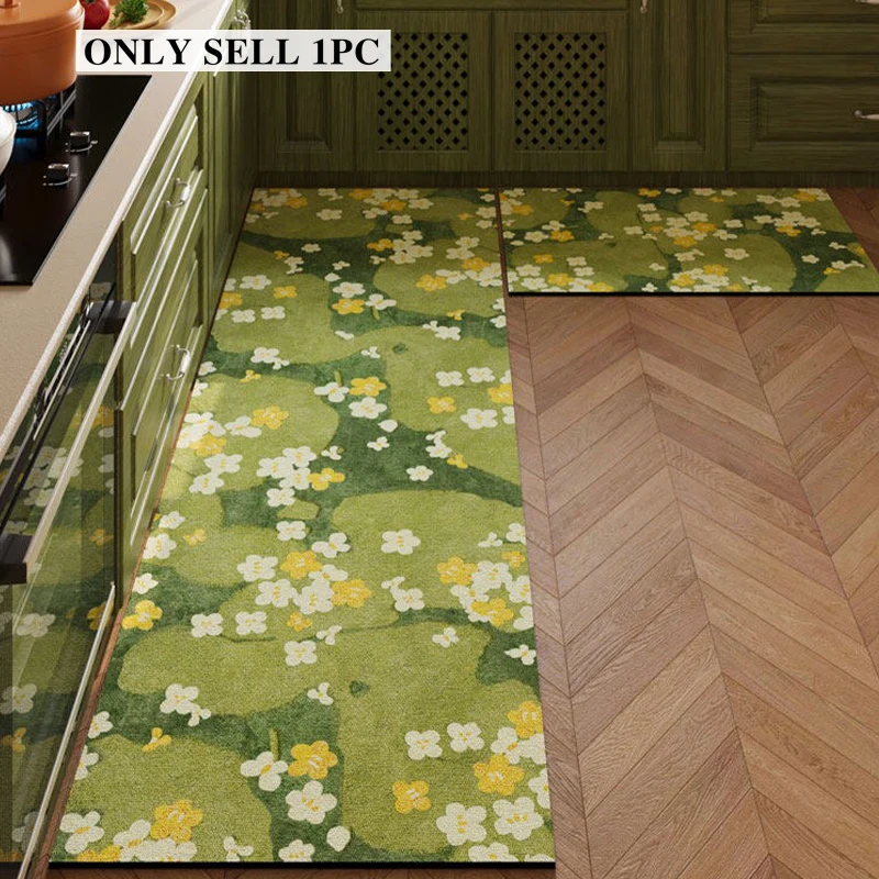 Carpet for Kitchen Floor Mat Pvc Leather Waterproof Non-slip Long Rug Oil-proof Foot Mats Green Flower Print Home Decor Carpets