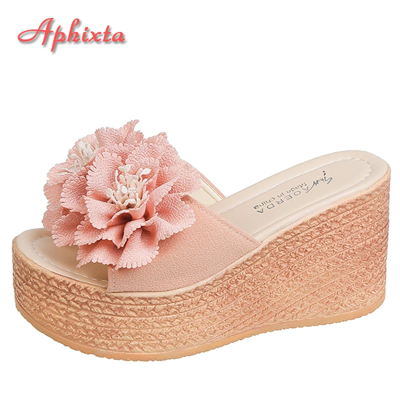 Aphixta 3,54 Zoll Keil Ferse frauen Dias Baumwolle Stoffe Appliques Schuhe Hausschuhe Flip-Flops Plattform Strand Plus Größe 42 43