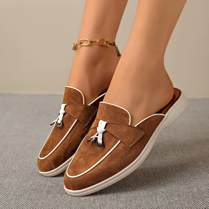 Four Seasons Women Backless Mule Loafers Suede Tassel Decor Non-Slip Flat Sole Slip-On Office Work Daily Casual Walking Shoes