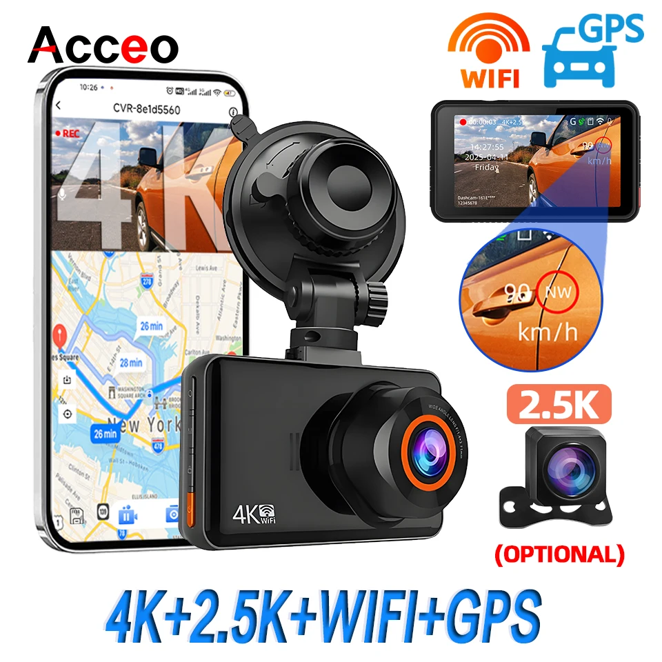 ACCEO Dash Cam WIFI GPS Mini CAR DVR Front 4K And Rear 1080P Dual Lens Black Box Room Camera Night Vision 24H Parking Monitor